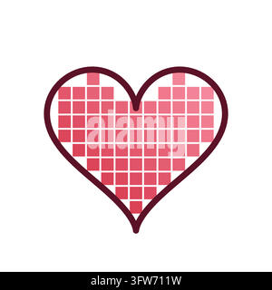 Mosaic tile heart built from small square tiles in red and pink gradient with dark outline on white. Stock Vector