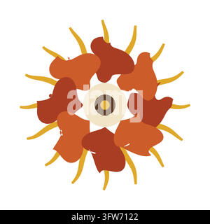 Bold flower-power bloom with thick wavy petals and sun-ray accents, retro rust and mustard, isolated on white. Stock Vector