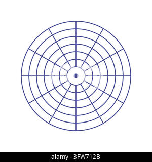 Indigo polar grid with concentric rings and radial spokes, radar chart pattern design on white. Stock Vector