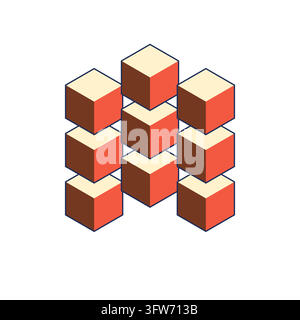 Three-dimensional cube illusion mosaic of interlocking isometric cubes in terracotta tones, geometric optical art on white background. Stock Vector