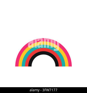 Concentric rainbow arch of five semicircle bands in pink, yellow, teal, red and black, retro 80s Memphis decorative shape. Stock Vector