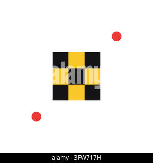 Black and yellow checkerboard block with two coral dot accents, bold 1980s Memphis design geometric decorative element. Stock Vector