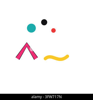 Memphis design trio: pink chevron, yellow squiggle and three-dot cluster in bright colors, retro 80s decorative composition. Stock Vector