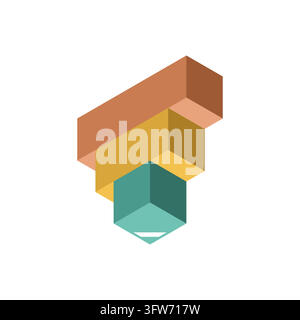 Isometric pyramid of nine stacked cubes in three colorful tiers, 3d geometric blocks isolated on white background Stock Vector