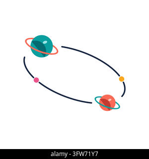 Binary system of two ringed planets sharing a large tilted orbit with orbiting dots, space artwork Stock Vector
