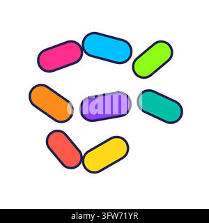 Scattered cluster of small colorful capsule shapes in Y2K style, confetti-like arrangement on white. Stock Vector