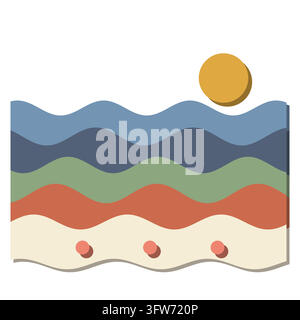 Layered paper cut ocean waves in blue and terracotta with sun, abstract seascape Stock Vector