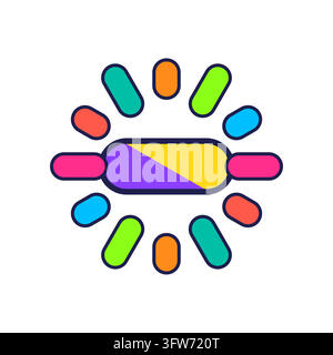 Central capsule bar with twelve radiating mini capsules, sunburst Y2K graphic composition on white. Stock Vector