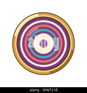 Pin-back badge with concentric ring print on plum face and gold metallic rim, isolated on white background Stock Vector