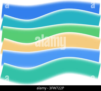 Tide stack mesh gradient of six wavy bands in blue teal green and sand, layered wave abstract artwork isolated on white. Stock Vector