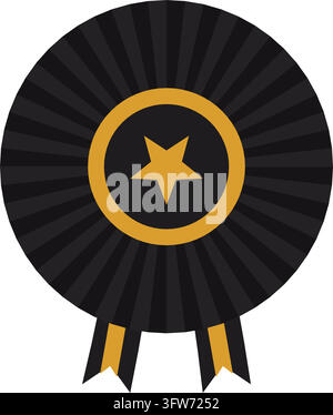 Black and gold luxury award rosette seal, pleated ribbon skirt with gold star medallion and twin swallowtail tails on white Stock Vector