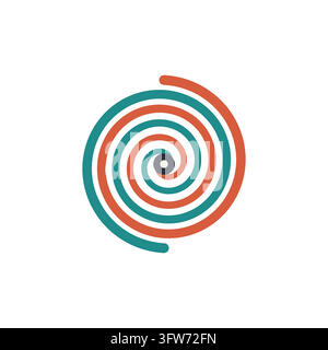 Double interlocking spiral with teal and coral arms winding together around a dark center, isolated on white. Stock Vector