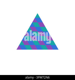 Large triangle subdivided into small edge-joined triangles in teal, purple and blue, bold geometric mosaic on white background. Stock Vector