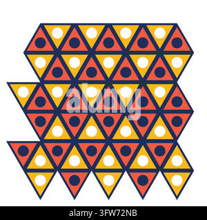 Staggered grid of triangle badges in navy with gold and coral centers and polka dots, bold geometric pattern isolated on white background. Stock Vector