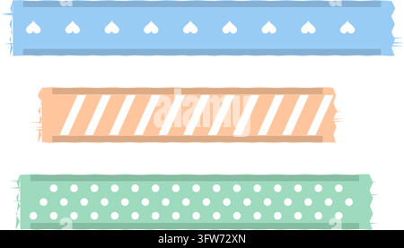 Three parallel pastel washi tape strips with dot stripe and heart prints and torn ends Stock Vector
