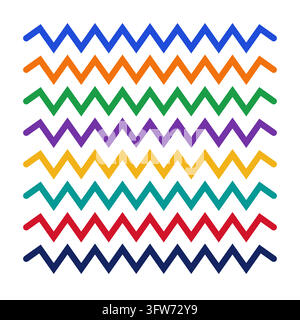 Eight parallel horizontal zigzag lines in rainbow colors, vibrant wavy stripe pattern on white. Stock Vector
