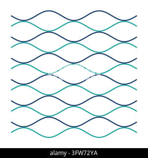 Twelve parallel horizontal wavy lines in teal and navy, a duotone line-flow background pattern. Stock Vector