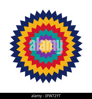 Concentric circular zigzag rings in navy, gold, red, teal and purple radiating from a gold center. Stock Vector
