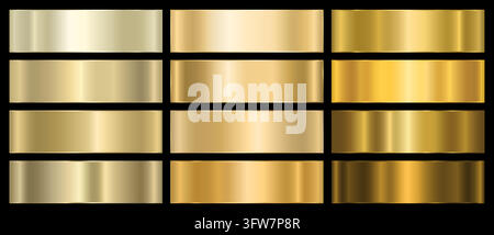 Set of golden metallic gradients on a black background. Stock Vector