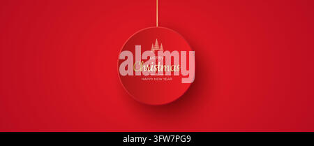 Festive background with an abstract flat Christmas ball and a greeting inscription on a red background. Stock Vector