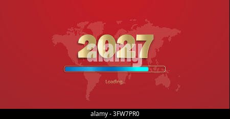 New Year's background with golden numbers 2027, the inscription loading on a red background with an outline of the earth. Stock Vector