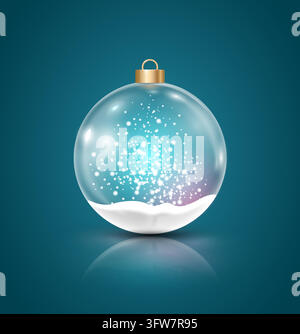 Transparent Christmas ball filled with sparkling snow and light inside on a deep teal background. Stock Vector