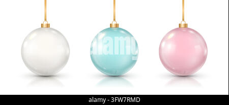 Three Glossy Pastel Christmas Baubles in White Turquoise and Pink Stock Vector