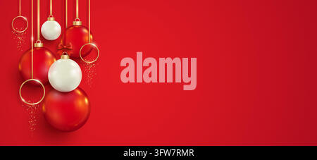 Festive background with red and white balls, and golden pendants with sparkles on a red background. Stock Vector