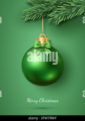 Christmas greeting card with a green ball and bow hanging on a fir branch with Merry Christmas text on a green background. Stock Vector