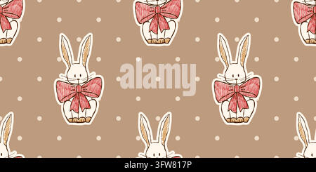 Whimsical Easter bunny pattern with bow, and playful dots. Stock Vector