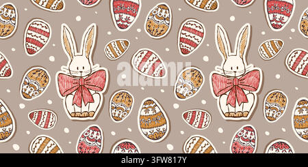 Whimsical Easter pattern featuring adorable bunnies with bows, decorated eggs. Stock Vector