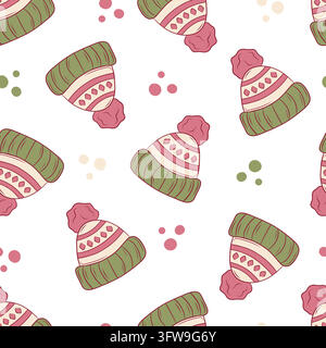 Seamless vector pattern with colorful knitted winter hats and pompoms Stock Vector
