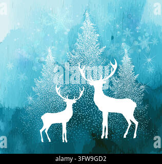 Beautiful Christmas card. A beautiful Christmas tree on a blue background. Deer in the Christmas Forest. Not AI. Vector illustration Stock Vector