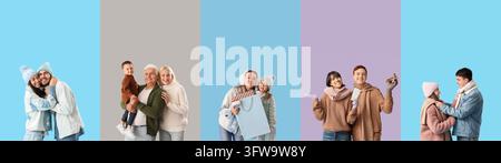 Family and couple winter holidays, diverse people in warm clothing with shopping bags and travel tickets for seasonal vacation and festive celebration Stock Photo