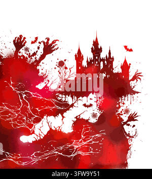 Abstract blood-red Spooky Halloween Castle Hand-drawn. Not AI. Vector illustration. Stock Vector