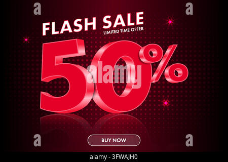 3D Red 50 Percent Off Flash Sale Vector Banner with Dark Halftone Background Stock Vector