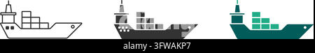 Cargo container ship icon featuring marine freight vessel symbols in outline, solid, and modern colored vector style isolated on white background. Stock Vector