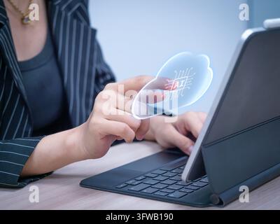 Business professional interacts with cloud-based AI interface on digital device. Enterprise intelligence, data analytics, cloud computing, automation Stock Photo