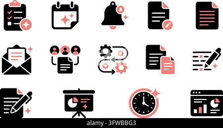 Business management and office work icons set isolated on transparent background Stock Vector