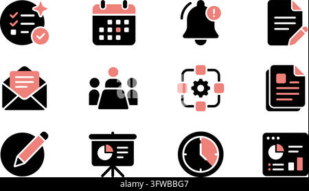 Set of modern business and office management icons isolated on transparent background Stock Vector