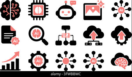 Set of artificial intelligence and machine learning icons isolated on transparent background Stock Vector