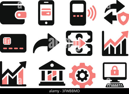 Set of financial and digital payment icons isolated on transparent background Stock Vector