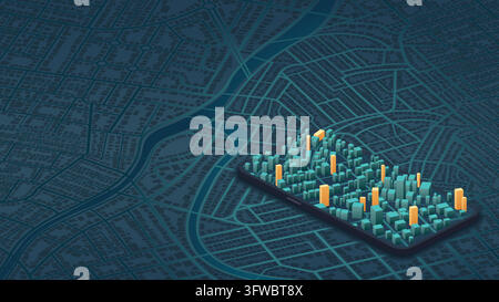 Giant mobile phone with city map on the screen. Isometric generic city map with signs. City streets, destination tag or mark. Editable vector Stock Vector