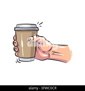 A dynamic comic-style illustration depicting a human hand holding a brown paper coffee cup with a plastic lid. Styled with bold black outlines, rich w Stock Vector