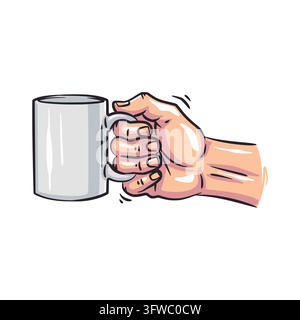 A vivid comic-style illustration depicting a human hand gripping a white ceramic coffee mug. Designed with bold black outlines, vibrant highlights, an Stock Vector