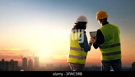 Two construction professionals wearing reflective vests and hard hats ...
