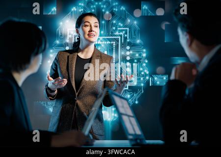 Network Datad Dynamic business scene featuring a confident female leader presenting ...