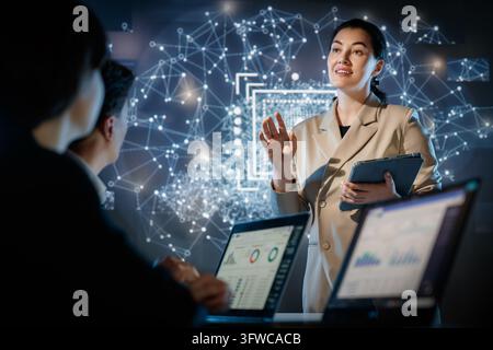 Network Datad Dynamic business scene featuring a confident female leader presenting ...