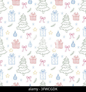 Seamless Christmas pattern with a tree, star, gift and snowflake. Hand-drawn vector festive background. Stock Vector