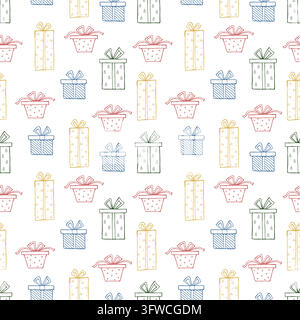 Seamless pattern with hand drawn Christmas gift boxes in doodle style. Stock Vector